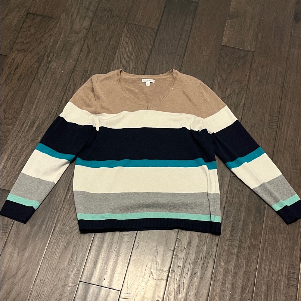 Striped Women's Sweater - Tan, Blue, and Gray